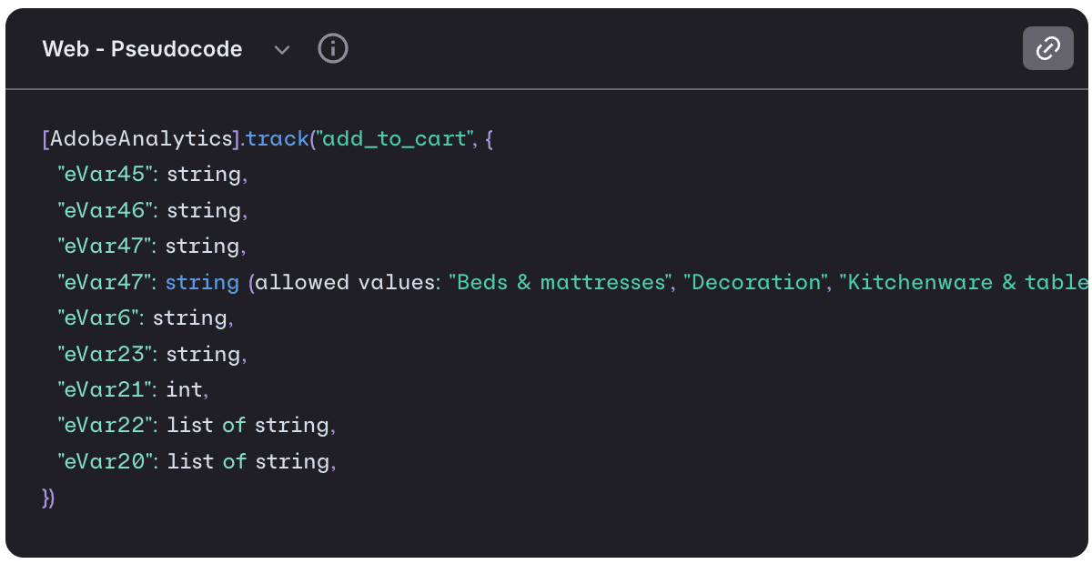 Example of a pseudocode snippet for an event with eVars and props mapped directly in Avo